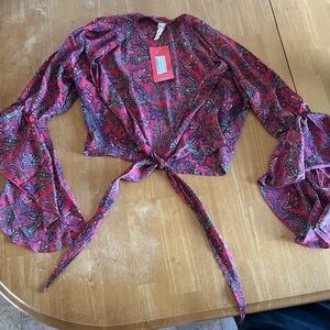 Paisley Tie-Front Blouse - Red